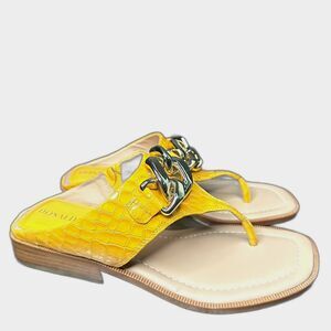Donald Pliner Slip on Slide Thong Sandal 5 Chain Croc Leather Patent Chic Yellow
